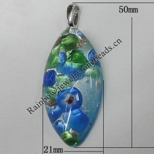 Silver Foil Lampwork Pendant with Metal Alloy Head, Horse Eye, 50x21mm Hole:7x4mm, Sold by PC
