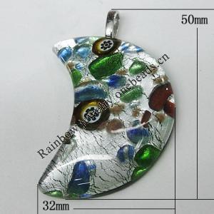 Silver Foil Lampwork Pendant with Metal Alloy Head, Moon, 50x32mm Hole:7x4mm, Sold by PC