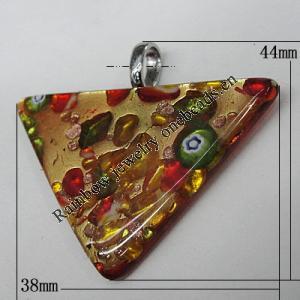 Silver Foil Lampwork Pendant with Metal Alloy Head, Triangle, 38x44mm Hole:7x4mm, Sold by PC