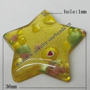 Silver Foil Lampwork Pendant, Star, 36mm Hole:1mm, Sold by PC