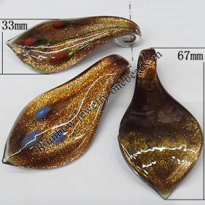 Gold Sand Lampwork Pendant, Leaf 67x33mm Hole:About 7mm, Sold by PC