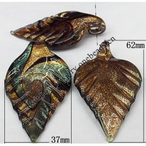 Gold Sand Lampwork Pendant, Leaf 62x37mm Hole:About 8mm, Sold by PC