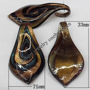 Gold Sand Lampwork Pendant, Leaf 75x33mm Hole:About 8mm, Sold by PC
