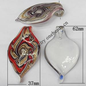 Gold Sand Lampwork Pendant, Leaf 62x37mm Hole:About 8mm, Sold by PC