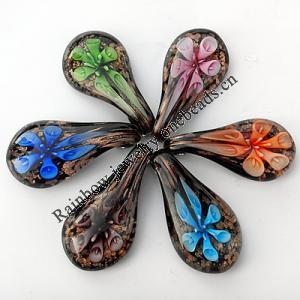 Gold Sand & Inner Flower lampwork Pendant, Leaf 31x62x13mm Hole:About 7mm, Box Size:200x200x14mm, Sold by Box