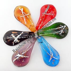 Gold Sand & Silver Foil lampwork Pendant, Leaf 31x58x9mm Hole:About 7mm, Box Size:200x200x14mm, Sold by Box