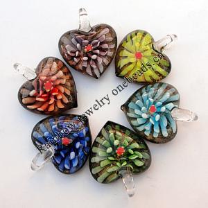 Inner Flower lampwork Pendant, Heart 29x35x12mm Hole:About 7mm, Box Size:150x130x25mm, Sold by Box