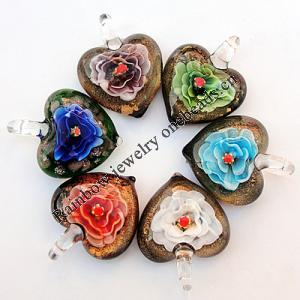 Inner Flower lampwork Pendant, Heart 29x37x12mm Hole:About 7mm, Box Size:150x130x25mm, Sold by Box