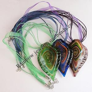 17-inch Lampwork Necklace, Wax Cord & Organza Ribbon Transparent, Leaf 70x41x9mm, Sold by Strand