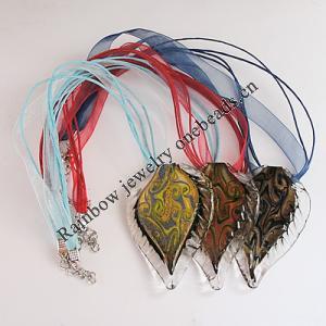 17-inch Lampwork Necklace, Wax Cord & Organza Ribbon Transparent, Leaf 64x43x7mm, Sold by Strand
