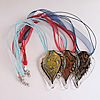 17-inch Lampwork Necklace, Wax Cord & Organza Ribbon Transparent, Leaf 64x43x7mm, Sold by Strand