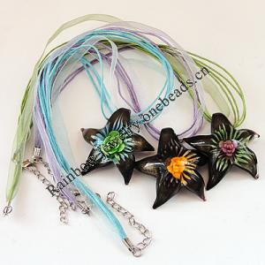 17-inch Inner Flower Lampwork Necklace, Wax Cord & Organza Ribbon Transparent, Star 44x47x15mm, Sold by Strand
