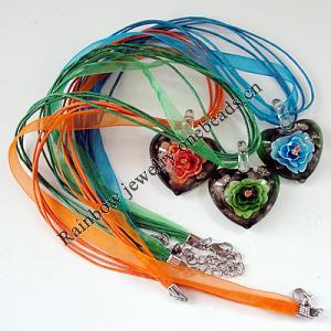 17-inch Inner Flower lampwork Necklace, Wax Cord & Organza Ribbon Transparent, Heart 31x37x13mm, Sold by Strand
