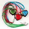 17-inch Inner Flower lampwork Necklace, Wax Cord & Organza Ribbon Transparent, Heart 44x38x14mm, Sold by Strand