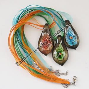 17-inch Inner Flower lampwork Necklace, Wax Cord & Organza Ribbon Transparent, Leaf 52x26x13mm, Sold by Strand