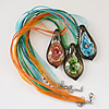 17-inch Inner Flower lampwork Necklace, Wax Cord & Organza Ribbon Transparent, Leaf 52x26x13mm, Sold by Strand