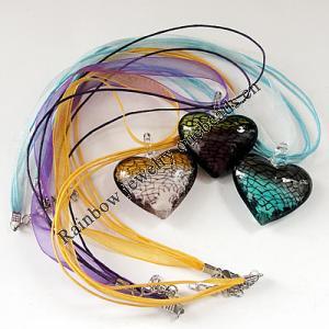 17-inch lampwork Necklace, Wax Cord & Organza Ribbon Transparent, Heart 39x42x14mm, Sold by Strand