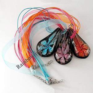 17-inch Inner Flower lampwork Nacklace, Wax Cord & Organza Ribbon Transparent, Leaf 31x62x13mm, Sold by Strand