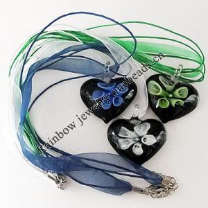 17-inch Inner Flower lampwork Nacklace, Wax Cord & Organza Ribbon Transparent, Heart 38x41x11mm, Sold by Strand