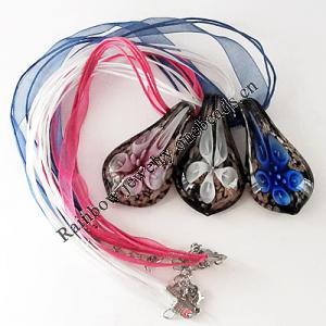 17-inch Inner Flower lampwork Nacklace, Wax Cord & Organza Ribbon Transparent, Leaf 30x57x13mm, Sold by Strand
