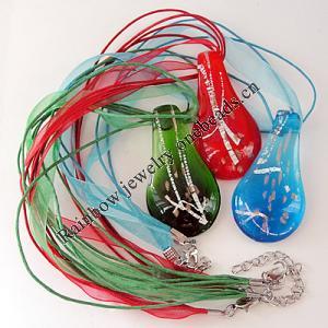 17-inch Gold Sand & Silver Foil lampwork Nacklace, Wax Cord & Organza Ribbon Transparent, Leaf 31x58x9mm, Sold by Strand