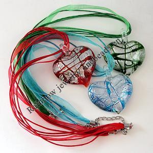 17-inch Silver Foil lampwork Nacklace, Wax Cord & Organza Ribbon Transparent, Heart 44x52x13mm, Sold by Strand
