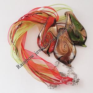 17-inch Gold Sand lampwork Nacklace, Wax Cord & Organza Ribbon Transparent, Leaf 32x60x9mm, Sold by Strand