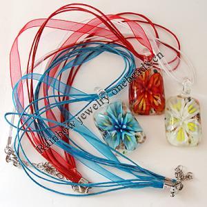 Inner Flower lampwork Nacklace, Wax Cord & Organza Ribbon Transparent, Rectangle 25x48x13mm, Sold by Strand