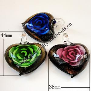 Inner Flower lampwork Pendant, Heart 44x38x14mm Hole:About 7mm, Sold by PC