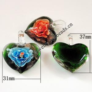 Gold Sand & Inner Flower lampwork Pendant, Heart 31x37x13mm Hole:About 8mm, Sold by PC