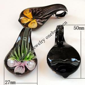 Inner Flower lampwork Pendant, Leaf 27x50x13mm Hole:About 8mm, Sold by PC