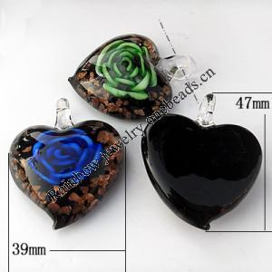 Gold Sand & Inner Flower lampwork Pendant, Heart 39x47x16mm Hole:About 5mm, Sold by PC