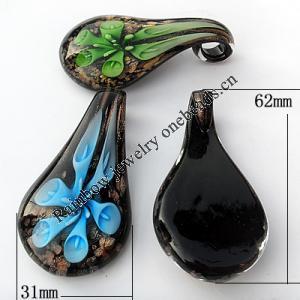 Gold Sand & Inner Flower lampwork Pendant, Leaf 31x62x13mm Hole:About 7mm, Sold by PC