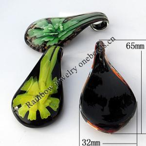 Inner Flower lampwork Pendant, Leaf 32x65x14mm Hole:About 10mm, Sold by PC