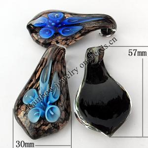 Gold Sand & Inner Flower lampwork Pendant, Leaf 30x57x13mm Hole:About 6mm, Sold by PC