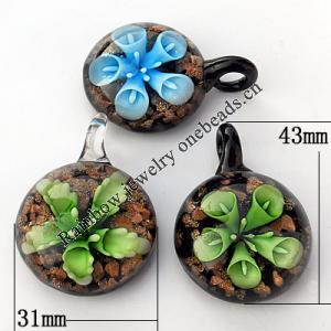 Gold Sand & Inner Flower lampwork Pendant, Flat Round 31x43x15mm Hole:About 6mm, Sold by PC