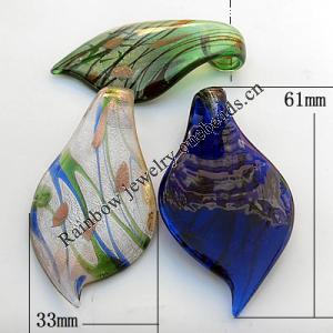 Gold San & Silver Foil lampwork Pendant, Leaf 33x61x10mm Hole:About 8mm, Sold by PC