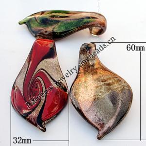 Gold Sand lampwork Pendant, Leaf 32x60x9mm Hole:About 8mm, Sold by PC