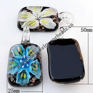 Inner Flower lampwork Pendant, Rectangle 25x50x13mm Hole:About 5mm, Sold by PC