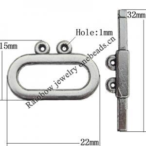 Clasp Zinc Alloy Jewelry Findings Lead-free, Loop:22x15mm, Bar:32x4mm Hole:1mm, Sold by Bag