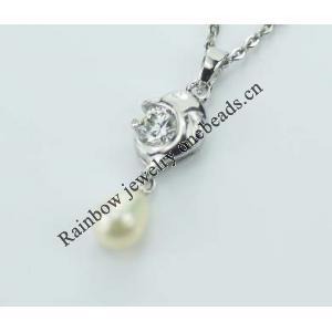 Sterling Silver Pendant/Charm with Pearl, 27x9.5mm, Sold by PC