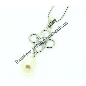 Sterling Silver Pendant/Charm with Pearl, 34x13mm, Sold by PC