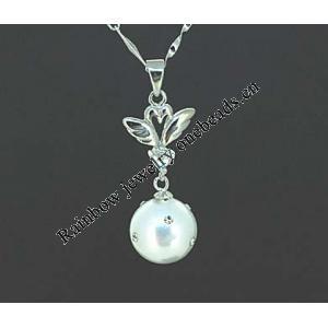 Sterling Silver Pendant/Charm with Pearl, 32x10mm, Sold by PC