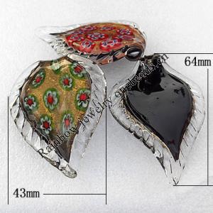 lampwork Pendant, Mix Color, Leaf 64x43x7mm Hole:About 7mm, Sold by Group
