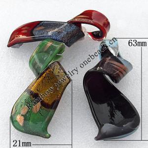 Lampwork Pendant, Mix Color, Twist 63x21x15mm Hole:About 10mm, Sold by Group
