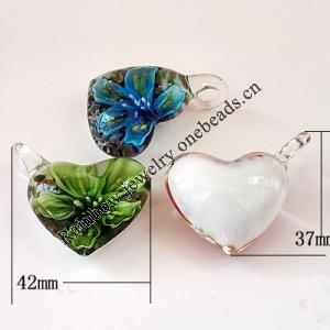 Inner Flower lampwork Pendant, Mix Color, Heart 37x42x18mm Hole:About 6mm, Sold by Group