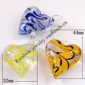 Lampwork Pendant, Mix Color, Heart 32x44x18mm Hole:About 7mm, Sold by Group