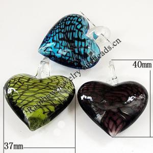 Lampwork Pendant, Mix Color, Heart 37x40x14mm Hole:About 5mm, Sold by Group