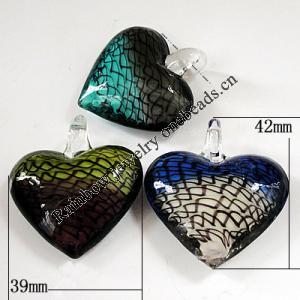Lampwork Pendant, Mix Color, Heart 39x42x14mm Hole:About 5mm, Sold by Group