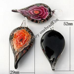 Gold Sand & Inner Flower lampwork Pendant, Mix Color, Twist Leaf 59x29x13mm Hole:About 6mm, Sold by Group